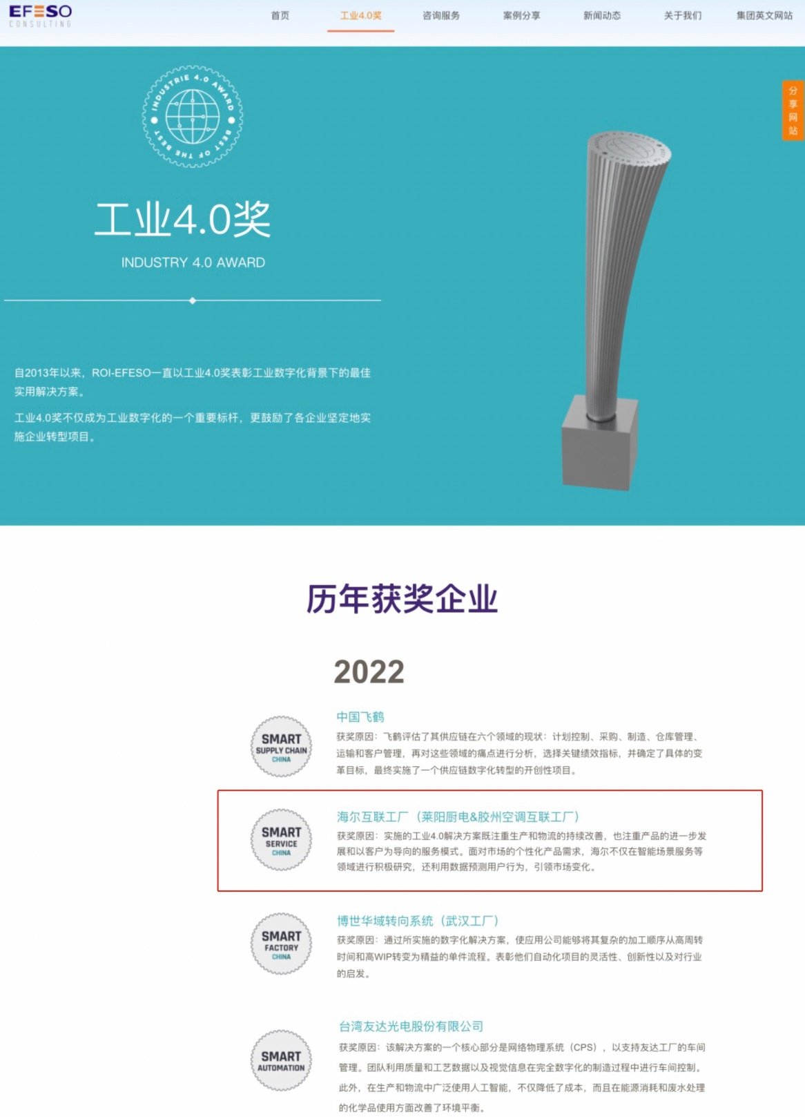 中国独家！海尔厨电互联工厂获全球“工业4.0奖”